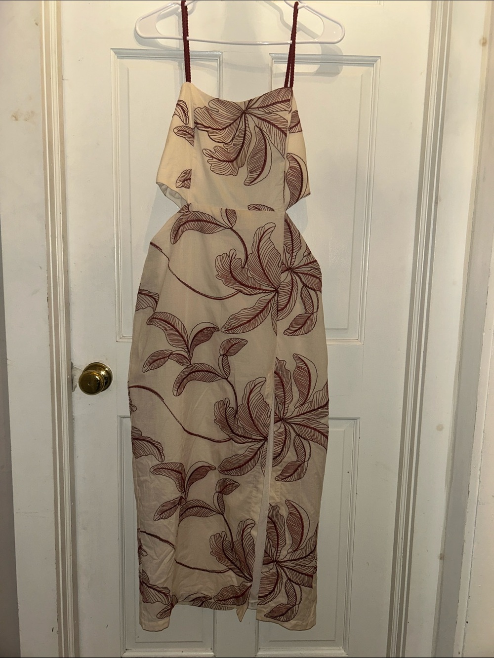 Zara Cream Midi Dress with Embroidered Burgundy Floral Print